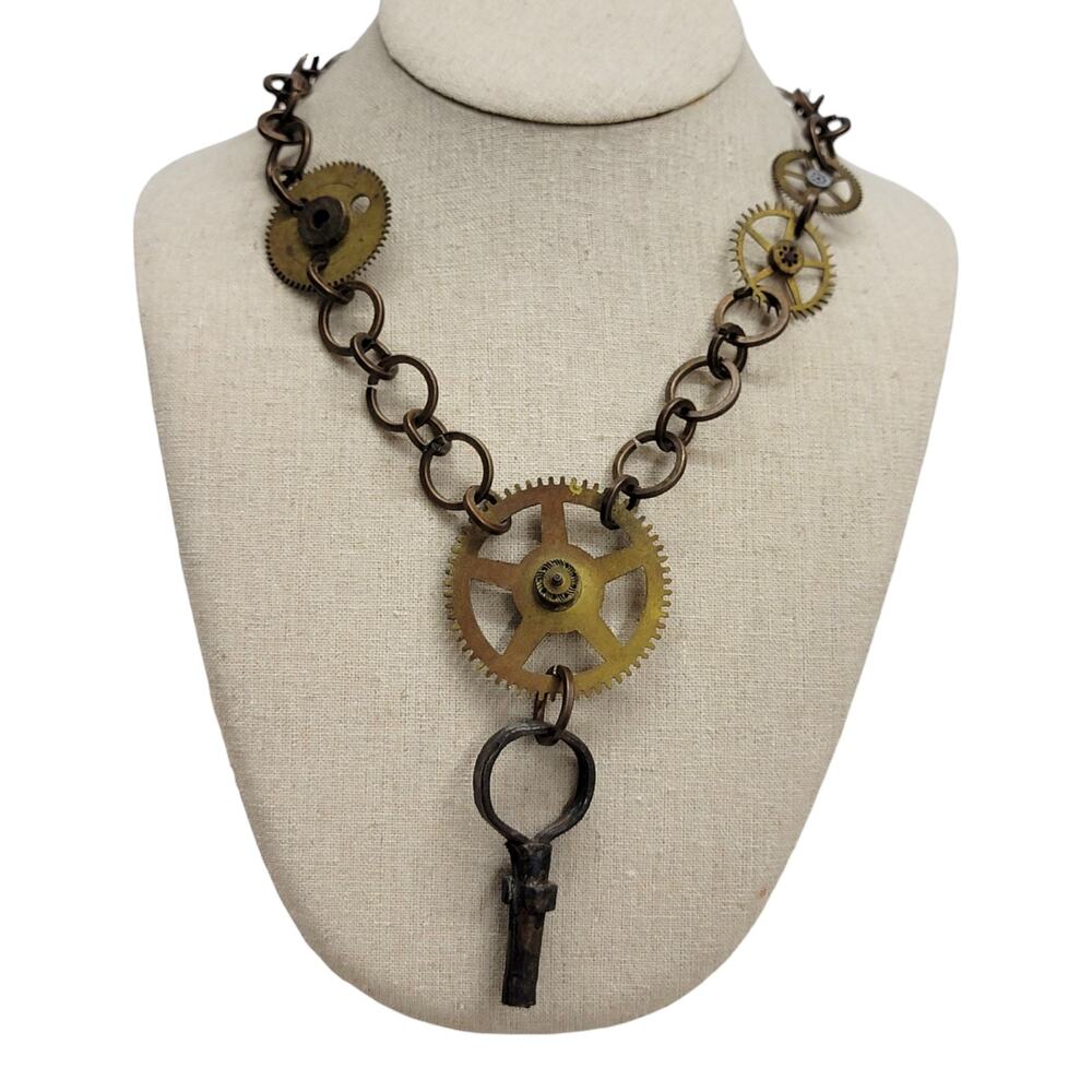 Steampunk Necklace Antique Watch Key Clock Gears Artisan Industrial Pendant